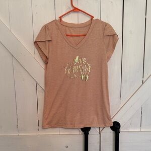 Women's Taupe V-Neck Top with Gold Pumpkin Graphic